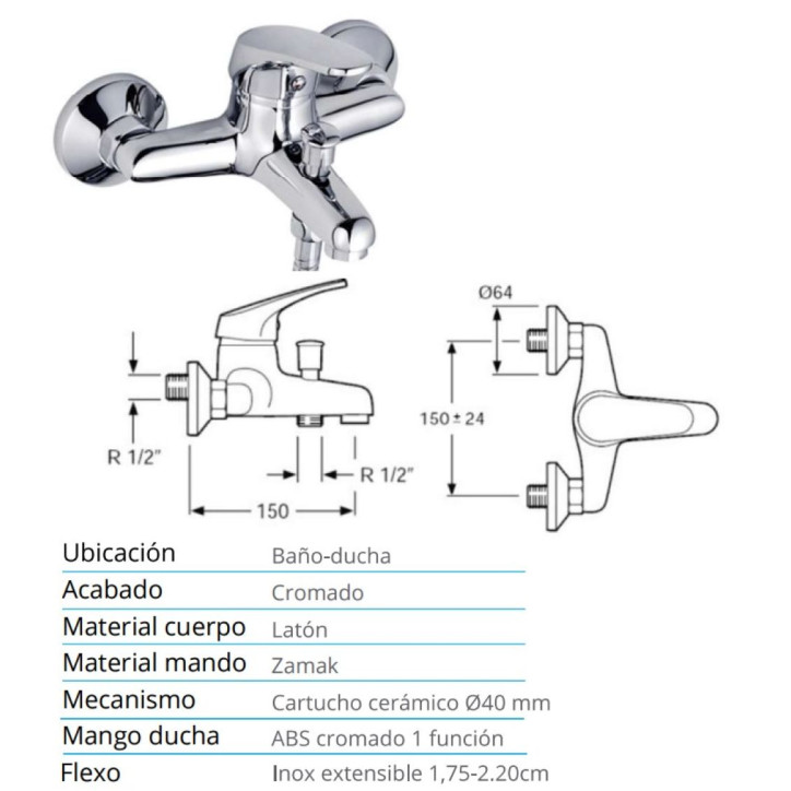 GRIFO MONOMANDO BAÑO-DUCHA SERIE FICUS H2O