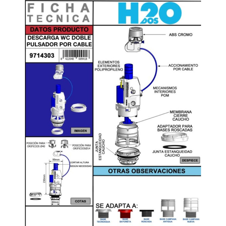 DESCARGA WC CISTERNA CON CABLE DOBLE PULSADOR H2O DESCARGA WC CISTERNA CON CABLE DOBLE PULSADOR H2O