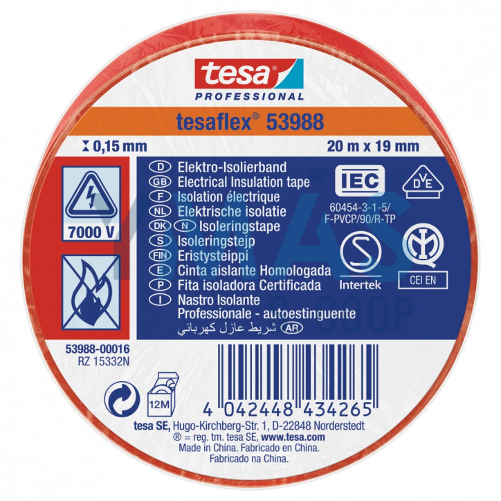 CINTA AISLANTE TESAFLEX 19MM X 20M ROJO