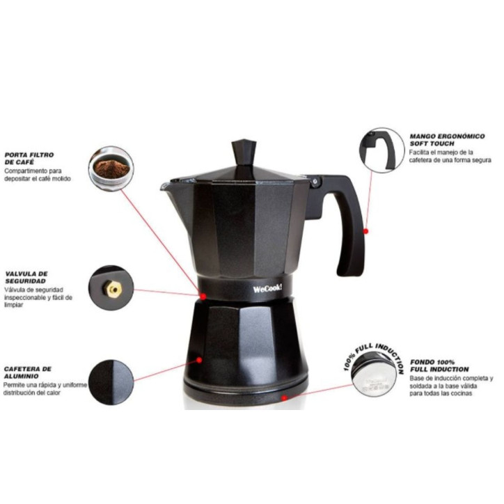CAFETERA INDUCCION ALUMINIO NEGRO LUCCIA 3 TAZAS WECOOK