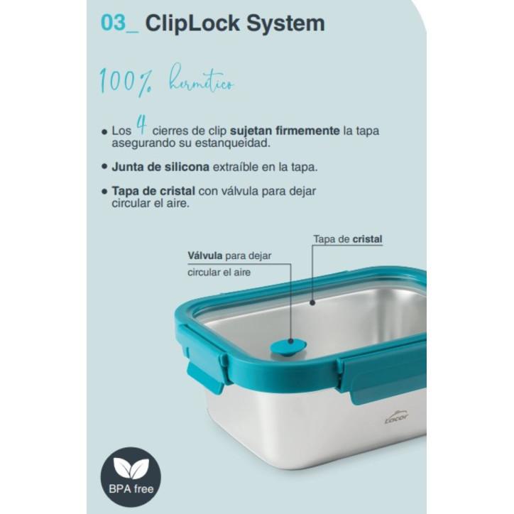 HERMETICO ACERO INOX TAPA CRISTAL RECTANGULAR ETERN 1800 ML LACOR